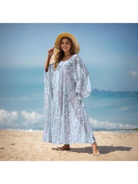 Women's Plus Size Sheer Lace Kimono Swimsuit Beach Cover Up-Z Light Blue